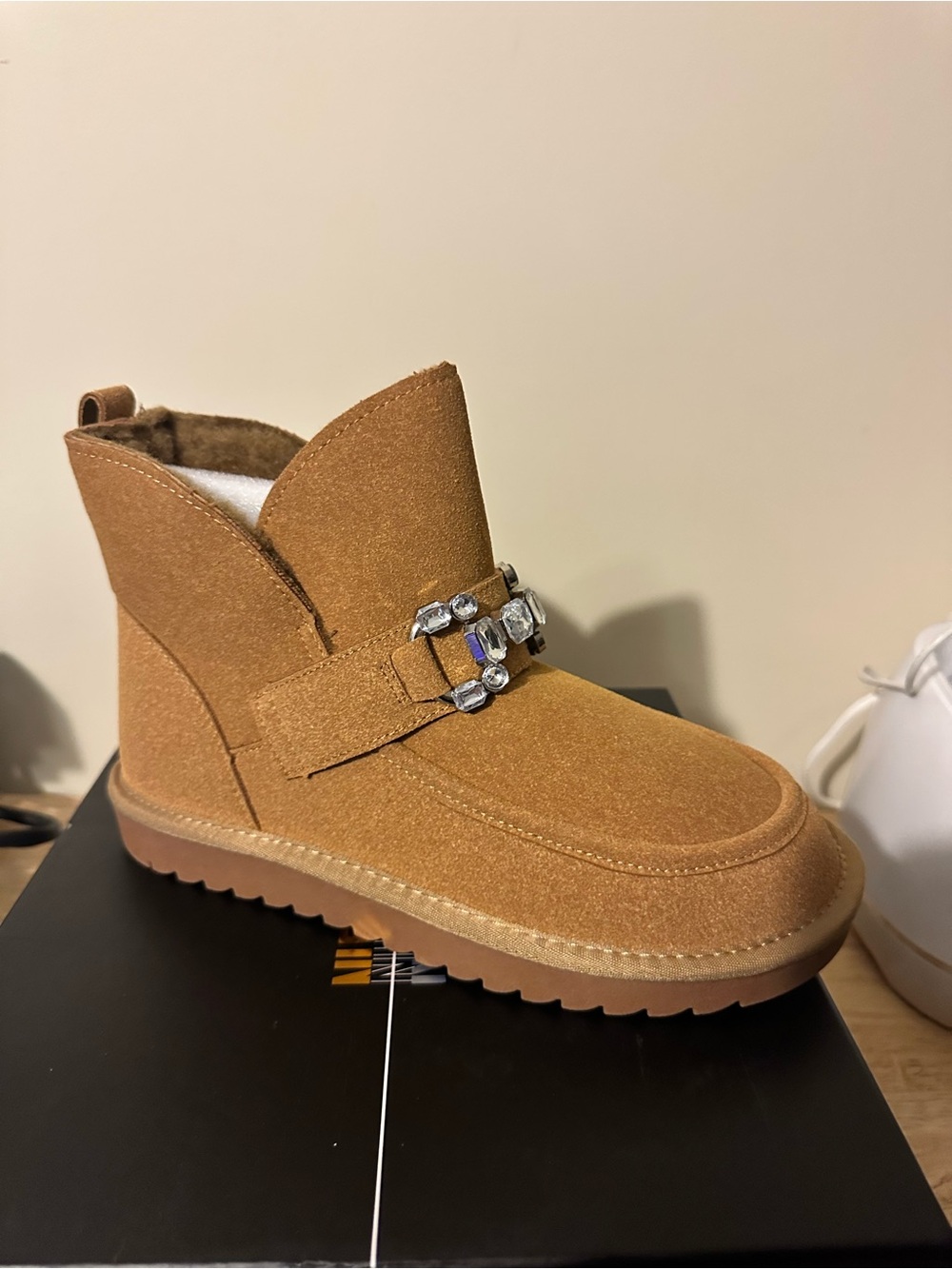 Cape Robbin Tan Suede Ankle Booties with Gem Accent